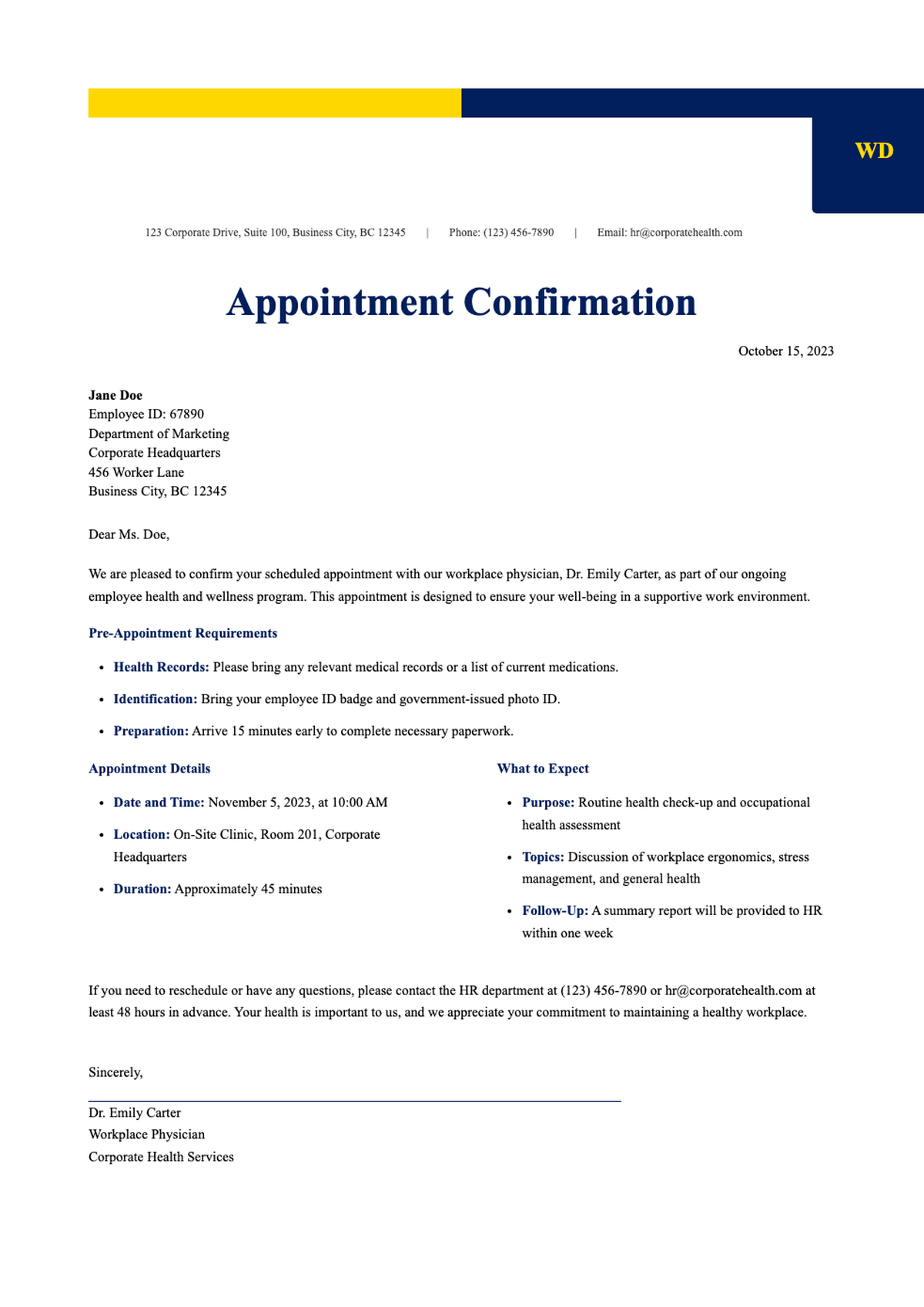 Workplace Doctor Appointment Confirmation Letter with Blue Yellow Header_variant_3